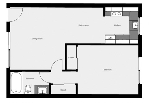 Floor plan for 1 bed, 1 bath, 600 sqft